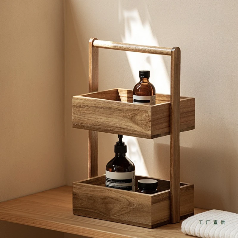 

Double-layer solid wood storage Wooden multi-layer kitchen Bathroom Toilet storage rack Desktop snacks Fruit and vegetable