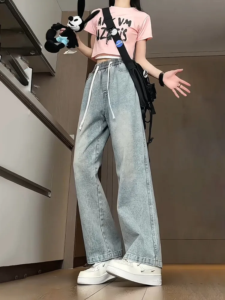 Light Blue Gradual Washed Wide Leg Jeans Men's Summer Elastic Waist Drawstring Slimming Straight Cut Trousers Casual Denim