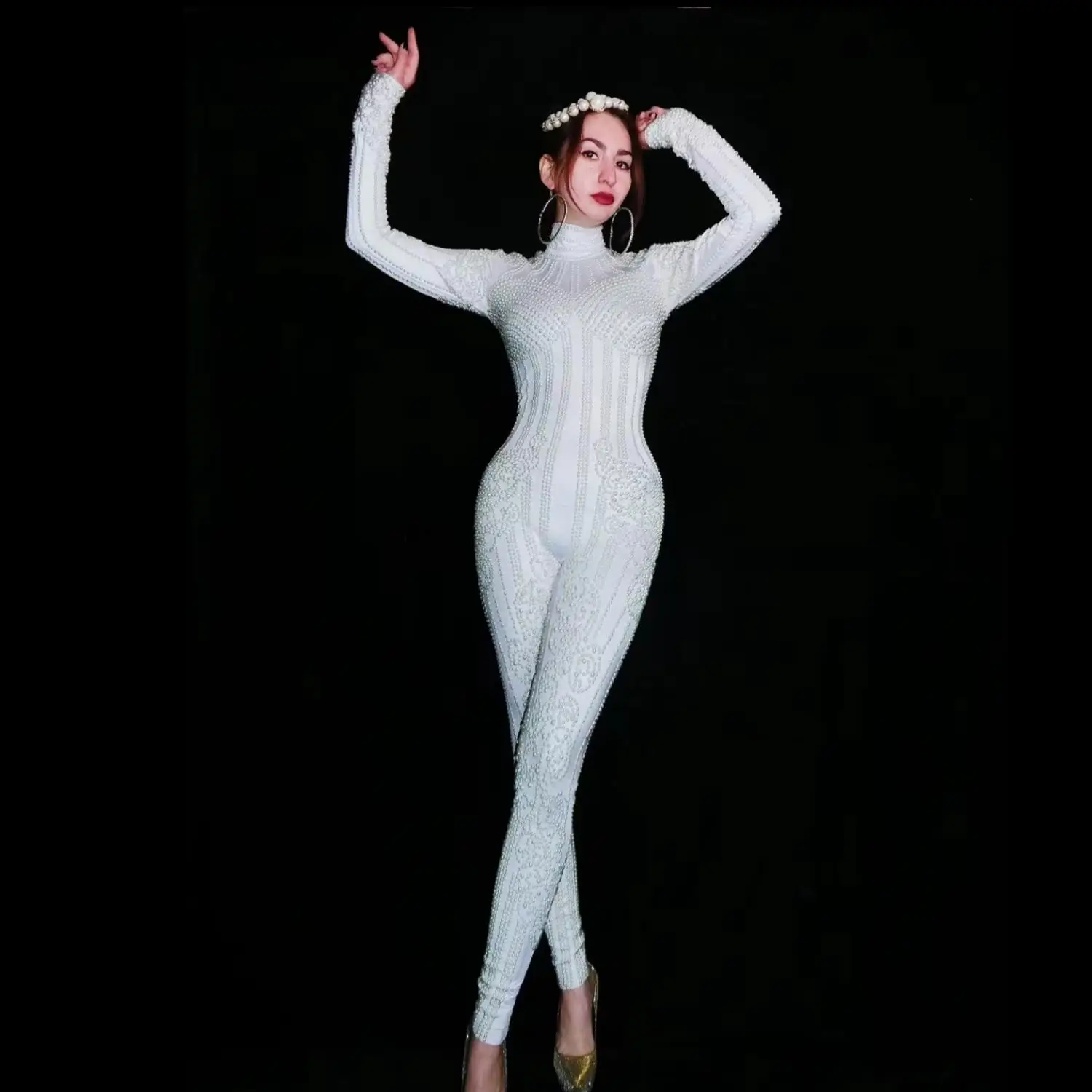 Fashion Long White Pearls Unitard Women Sexy Party Club Jumpsuits Playsuit Drag Stage Costume Performance Dance Wear W2301022