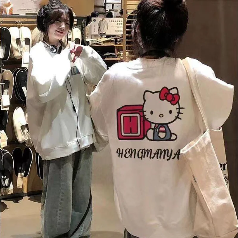 

Женская толстовка Sanrio Hello Kitty в стиле ретро с круглым вырезом, новинка весны и осени, модный бренд Instagram, универсальный дизайн с принтом, свободные топы