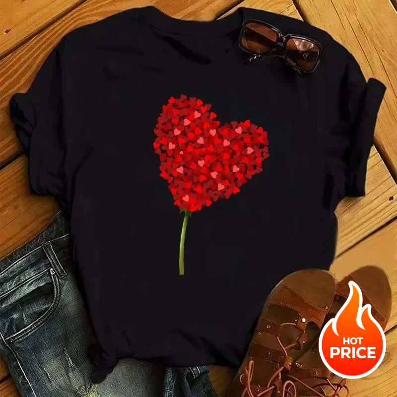 

New Love Flower Women Fashion Women's Short Sleeve Cartoon Rose Graphic Femme TShirt Summer Short Sleeved Harajuku Streetwear