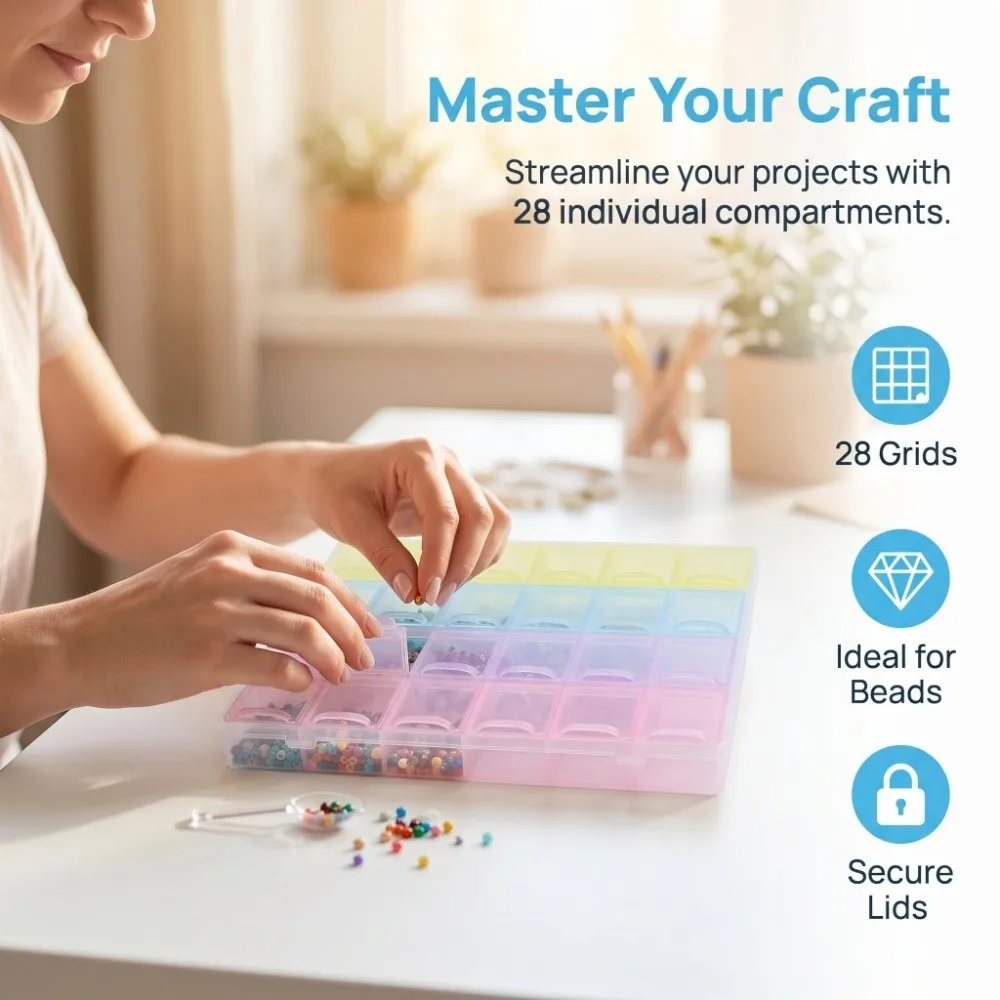 28 Grids PP Storage Box Transparent Tight Fasten Closure Rhinestone Storage Box Dustproof Sealed Lid DIY Storage Box