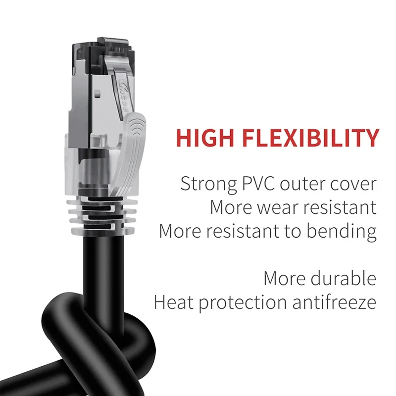 Cat8 イーサネットケーブル、屋外&屋内、23AWG Cat8 LAN ネットワークケーブル 40Gbps、2000Mhz、金メッキ RJ45 コネクタ付き、耐候性