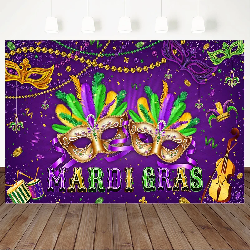 Mocsicka Mardi Gras Photography Backdrop Purple Gold Green Feather Masquerade Mask Drum Violin Carnival Party Photo Backgrounds