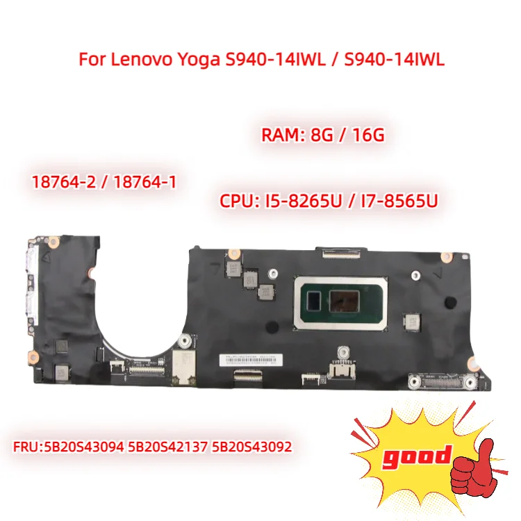 Placa-mãe portátil para Lenovo Yoga, S940-14IWL, S940-14IWL, S940-14IWL, 18764-1, 18764-2, CPU, I5, I7, RAM, 8G, 16G, 100% Teste de Trabalho