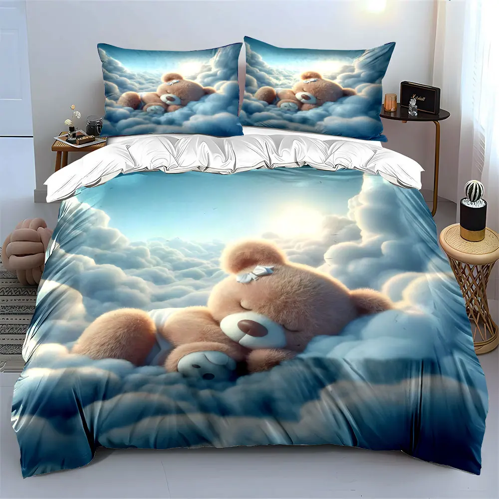Cute little bear sleeps in soft clouds Print Bedding Set 1Duvet Cover 2Pillowcases for Adult and Children Luxury Gift Full Size