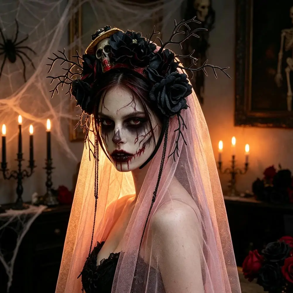 Zombie Bride Headgear Flower Headband with Veil Black Rose Skull Hairpiece Day of Dead Witch Bridal Veil Halloween Cosplay