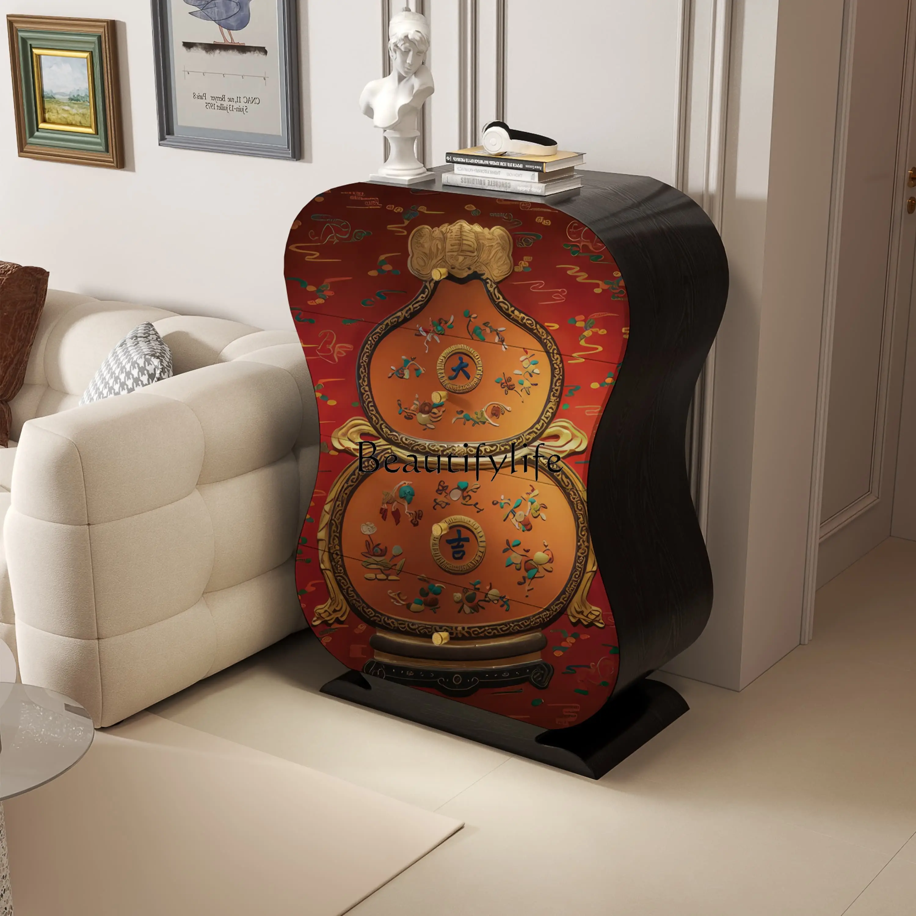 

Household painted solid wood four-bucket entrance cabinet, living room integrated storage cabinet against the wall