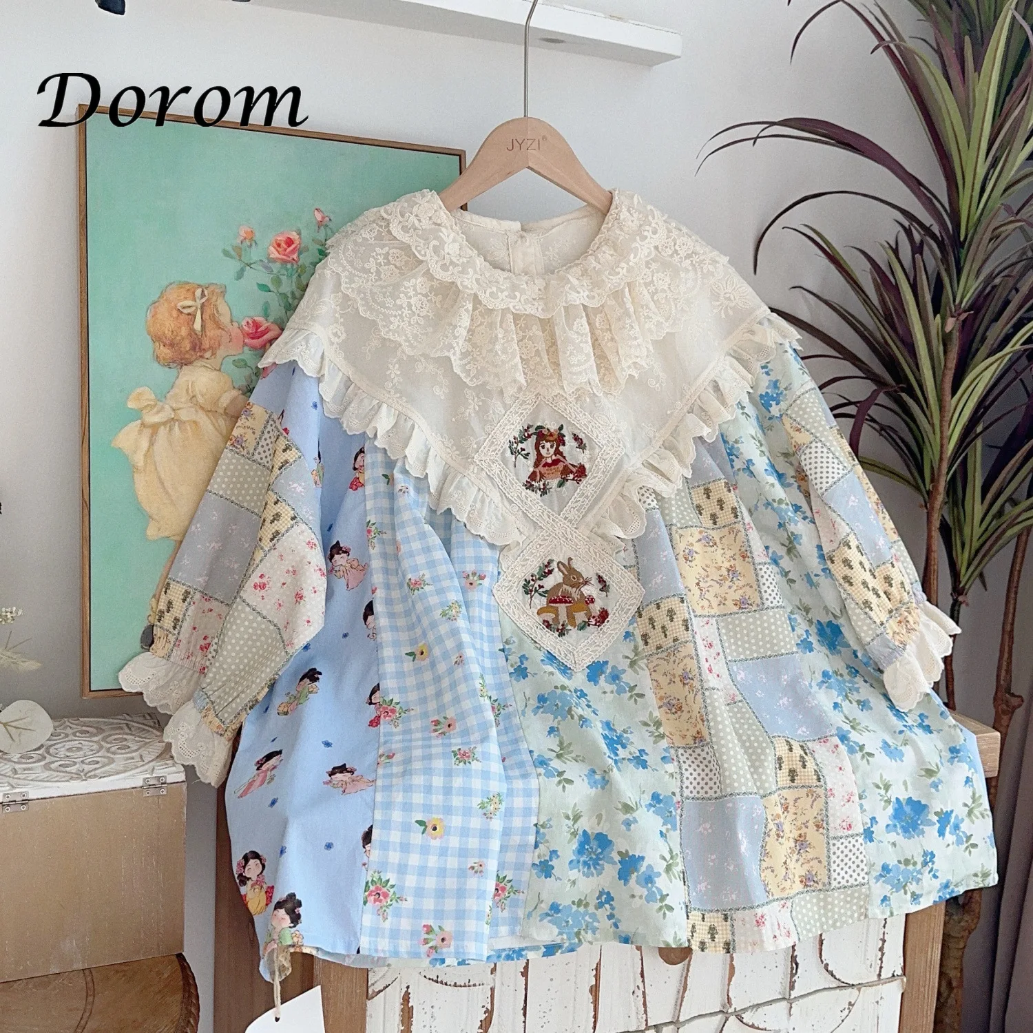 Vintage Embroidery Lolita Lace Ruffles Patchwork Shirt Women Summer Mori Girl Doll Collar Loose Top Casual Short Sleeve Blouses