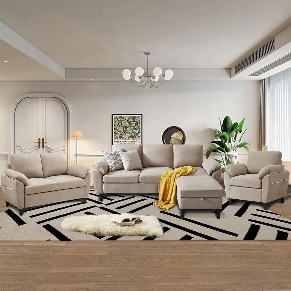 

4-Piece Linen Small L-Shaped Sectional Sofa Set with Reversible Chaise, 3-Seater, Loveseat, and Armchair for Living Room or Offi