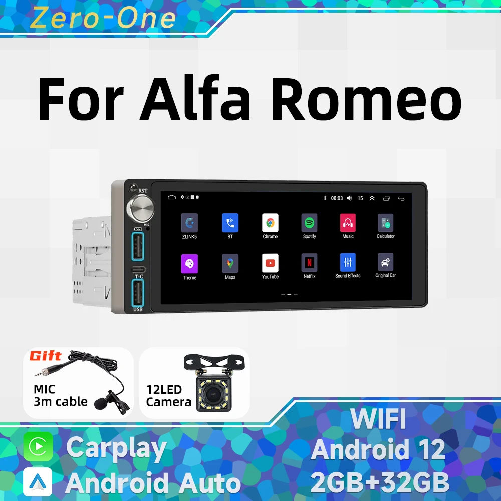 

Wireless Carplay Autoradio 1 Din Radio Android 13 Car Multimedia for Alfa Romeo 6.86" Screen Stereo Head Unit GPS Navigation BT