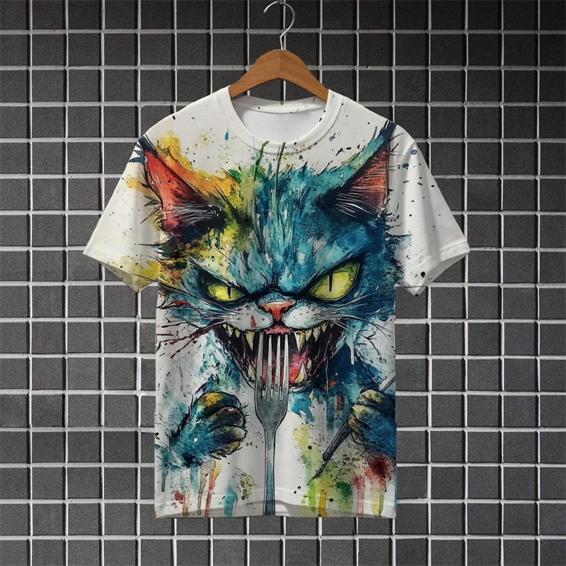 

3D Print Evil Cats Pattern Men's T-Shirt Fashion Creative Design Short Sleeve Tees Harajuku Style Loose Casual Quick Dry Clothes