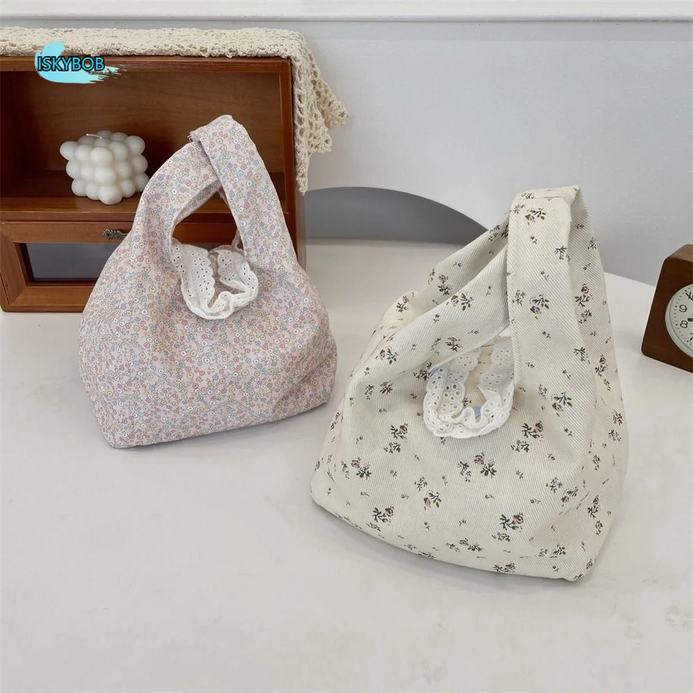 

Reusable Purse Fresh Floral Wrist Bag Korean Style Small Tote Bag Spring Outing Handbag Large Capacity Women Shoulder Bag Girls
