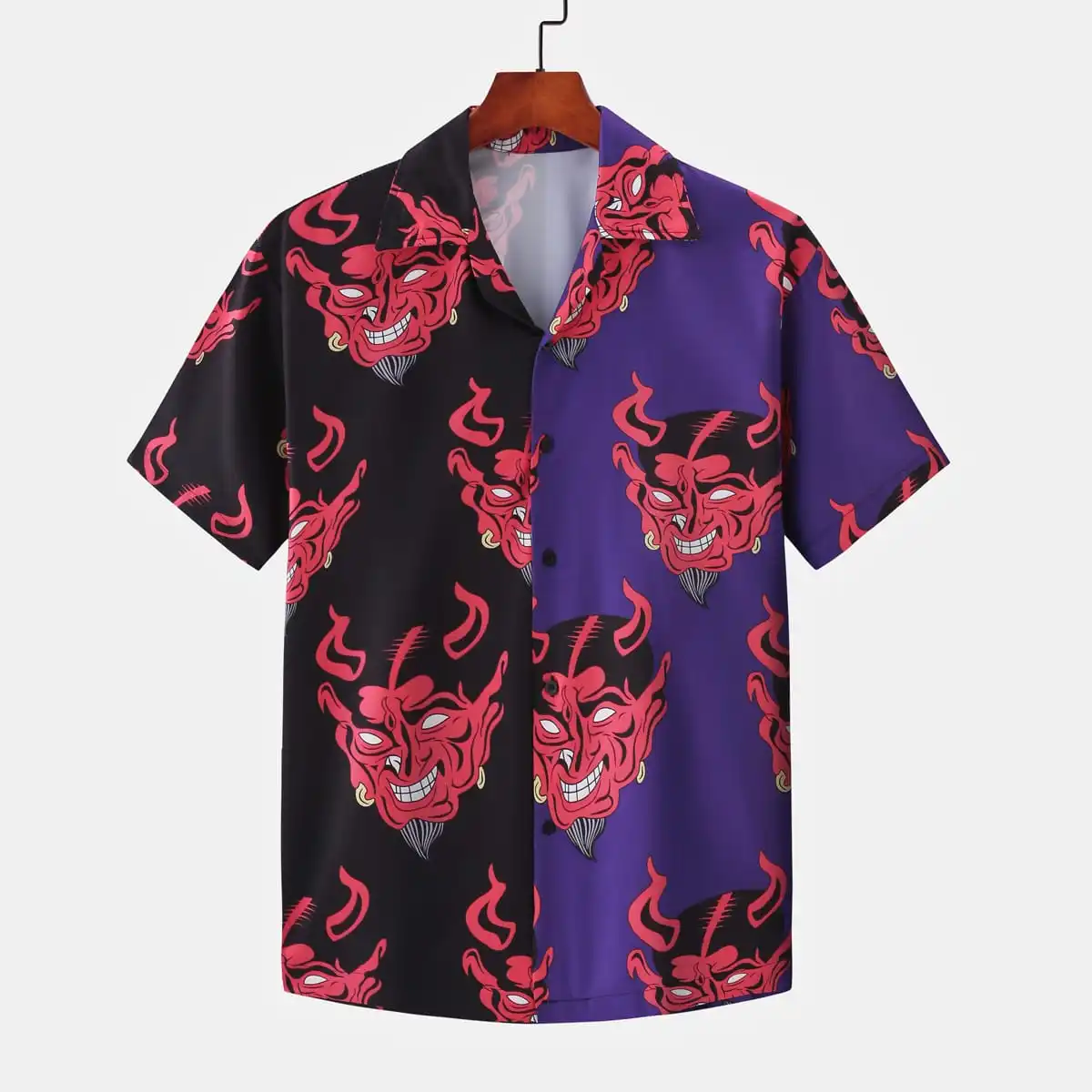 Camisa hawaiana para hombre con cuello cubano, camisa con estampado de diablo para hombre, ropa de calle a la moda, novedad de verano, Top de manga