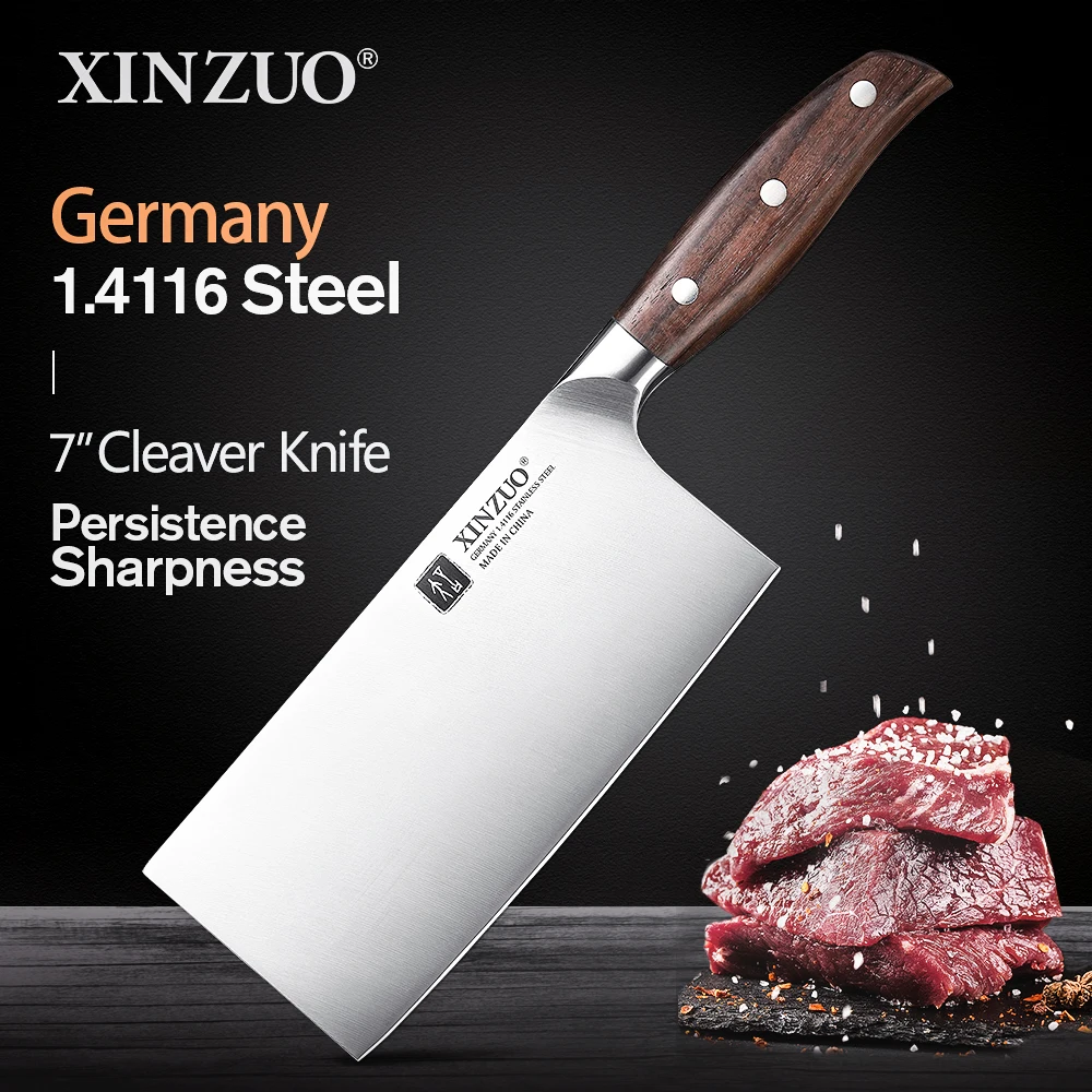 XINZUO 7'' Cleaver Knife DIN 1.4416 Stainless Steel Cleaver Kitchen Knives Red Sandalwood Handle Full-tang Carving Meat Knife