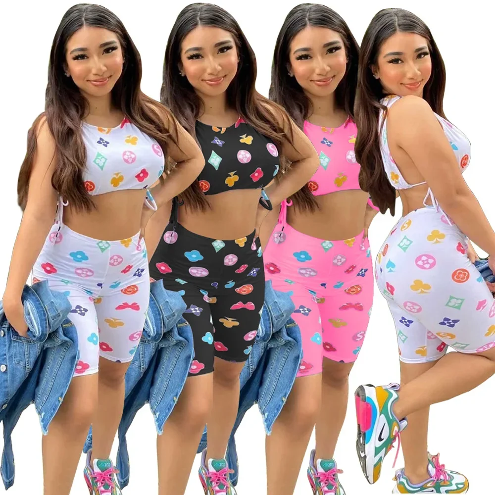 Sexy Print Waist Tie Belted Two Piece Set Cross-Border Women's Clothing Exposed Waist Trendy Skirt And Top Ensemble