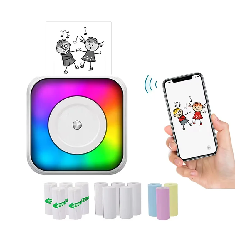 Mini Thermal Printer Office 200DPI  Inkless Note Printer with LED Light Label Photo Memo Wrong Question Printing Tag