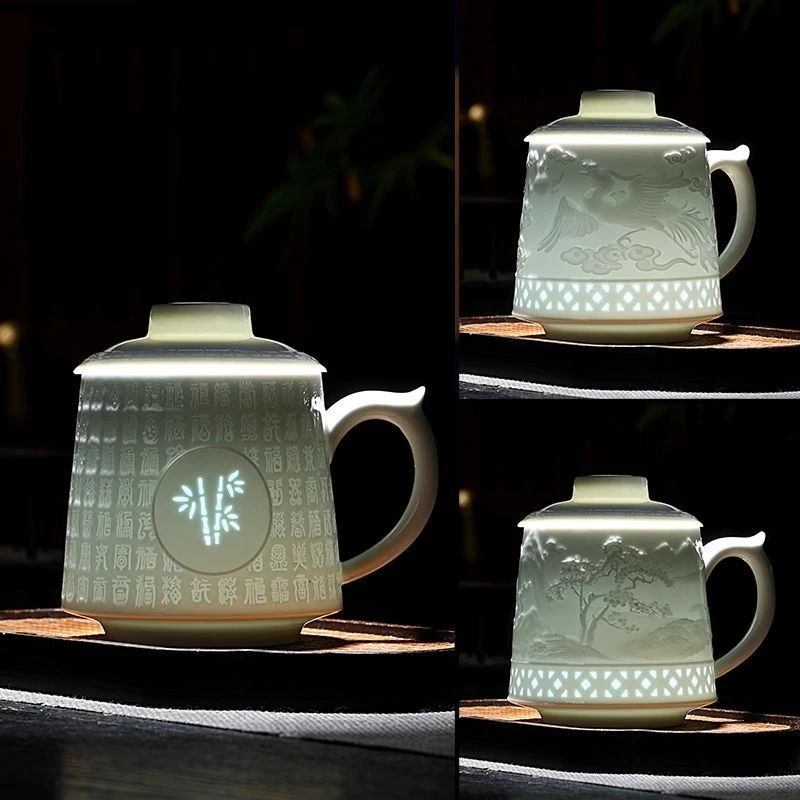 Jingdezhen Linglong Porcelain Tea Cup with Handle 500ml Large Capacity Office Mug with Gift Box for Home Tea Water