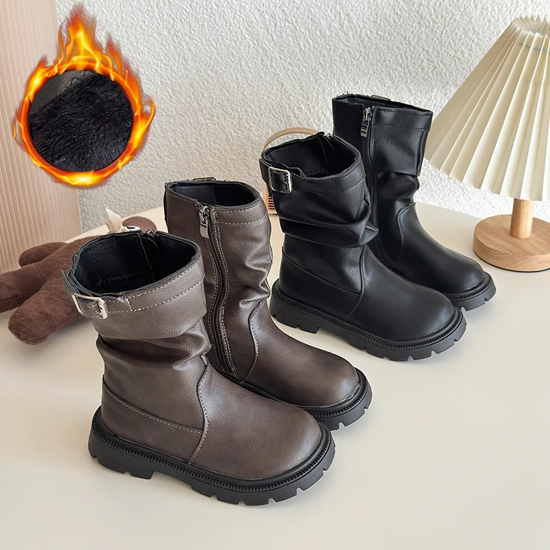 

Fashion Girls Boots 2025 Autumn and Winter New Girls Solid Color Versatile Short Boots Children PU Side Zipper Leather Boots