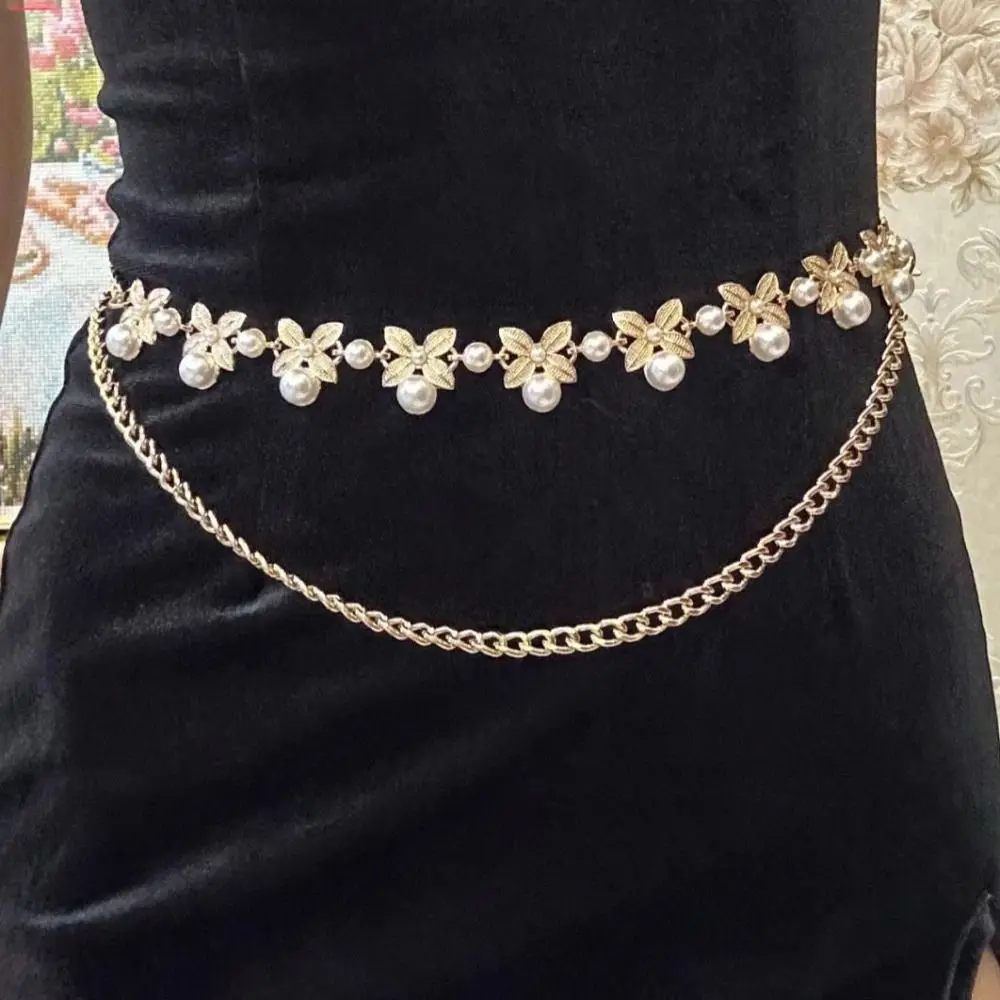 Trendy Adjustable Pearl Waist Chain Dress Decor Korean Style Metal Waist Belt Luxury All-match Rhinestone Waistband Daily