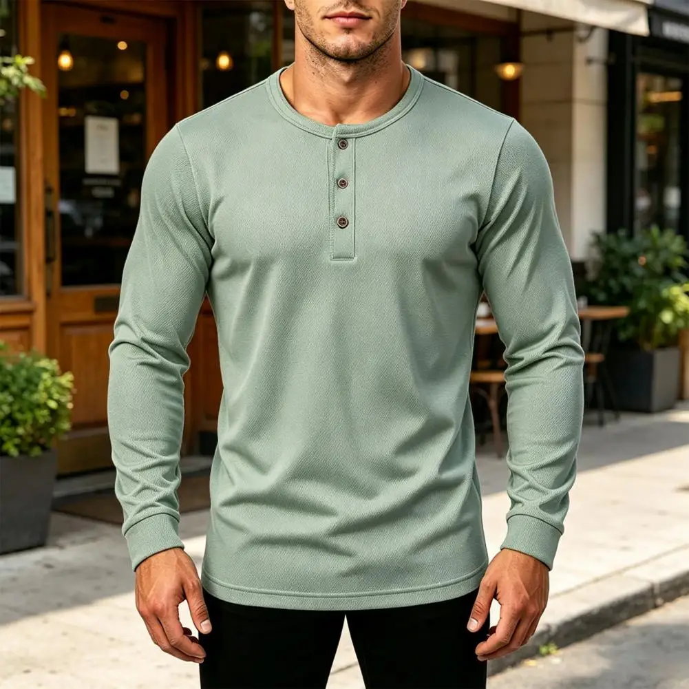 Men Long Sleeved T-shirt Cotton Bottoming Shirt Fitness Tops Tees Button Neck Casual Cozy Tshirt