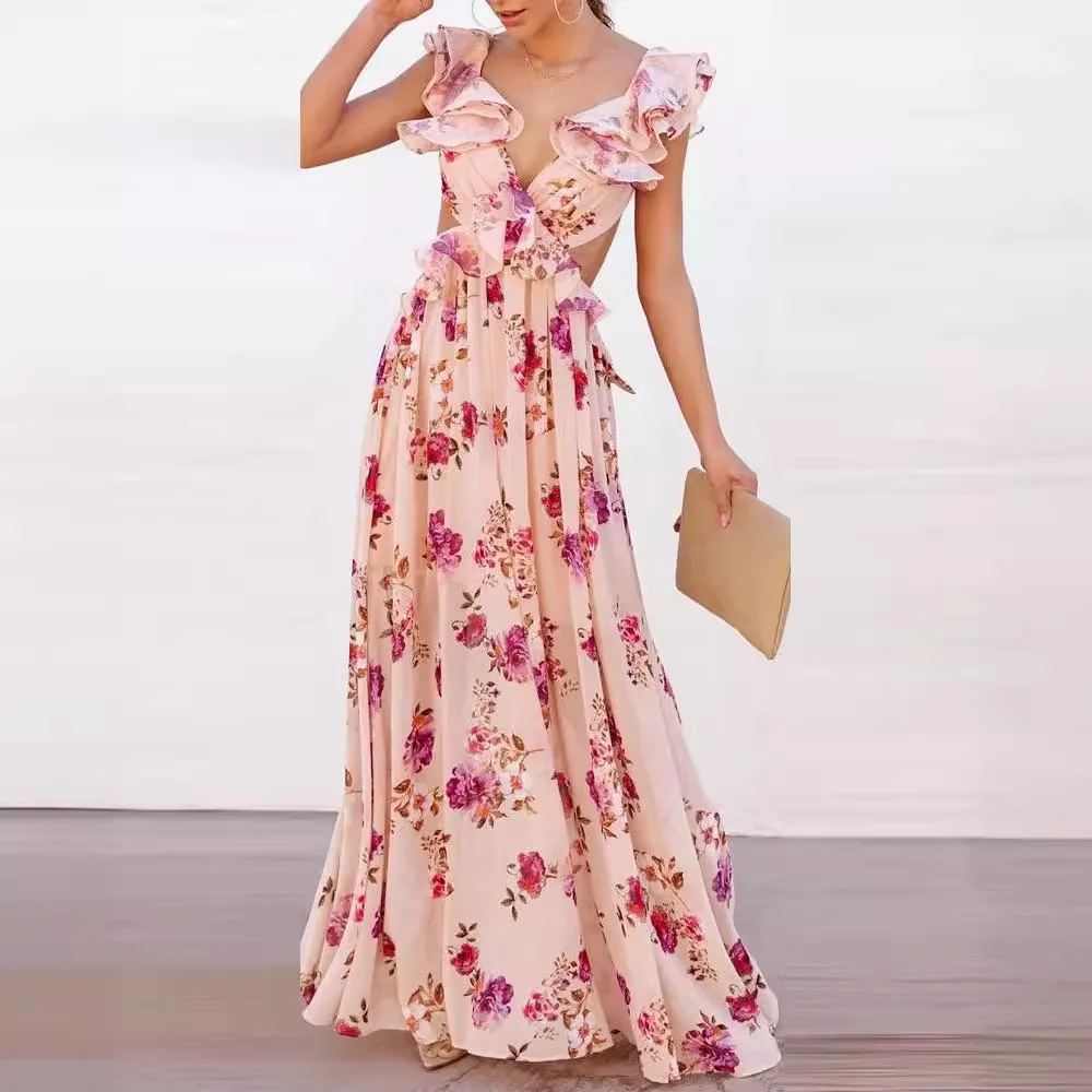 A Women Elegant V Neck Boho Dress Spring Flower Print Long Party Summer Sleeveles Beach Dresses