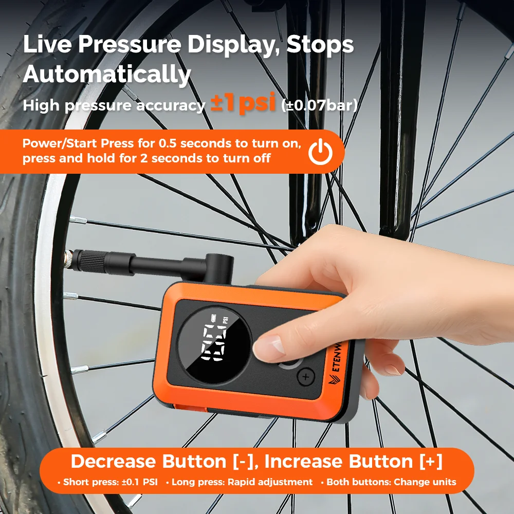 Afbeelding 4: ETENWOLF S0 Mini elektrische fietspomp 2400mAh batterij met display 150PSI draagbare draadloze inflator voor mountainbikes en racefietsen