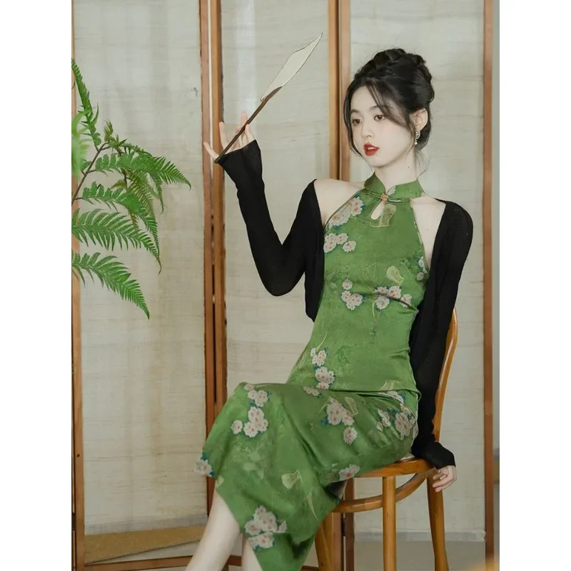 Elegant Green Stand Collar Halterneck Floral Print Sleeveless Long Cheongsam Dress with Cardigan for Women Chinese Dress Qipao