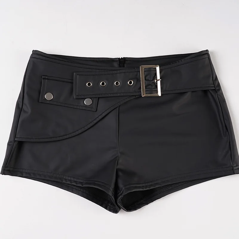 スパイスガールズ風バックルベルトPUレザーショートパンツ レディース レトロ ナイトクラブ セクシー ローウエスト ヒップラップ レザーショートパンツ