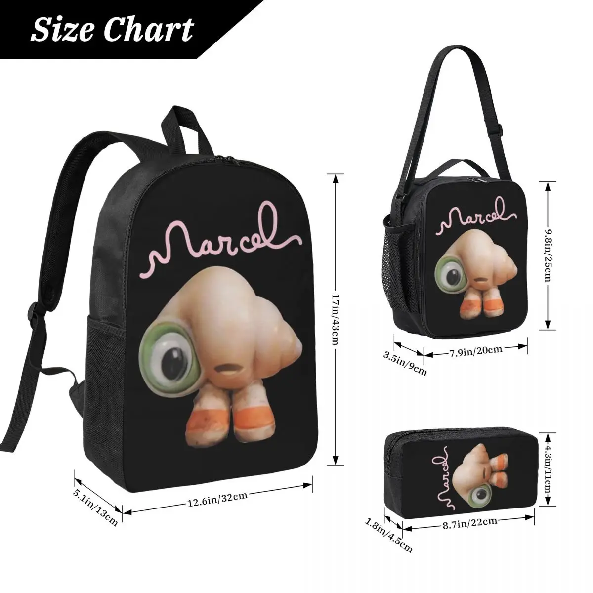 Marcel The Shell With Shoes On Live Action Backpack Student Boys Girls BookBag School Bag 3ps Insulated Lunch Bag Pencil Case