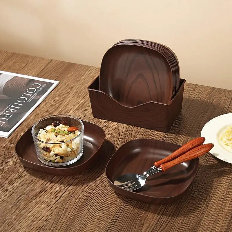 Wood Grain Plastic Serving Plate Reusable Unbreakable with Storage Holder for Outdoor Hiking Beach Picnic Family Trip