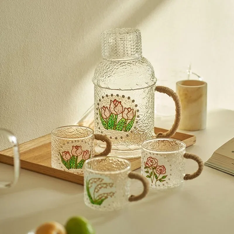 Vintage Hand Drawn Floral Hammered Glass Pitcher Mug set Home Cold Water Jug With Woven Rope Handle Desktop Decor Kitchen Gift