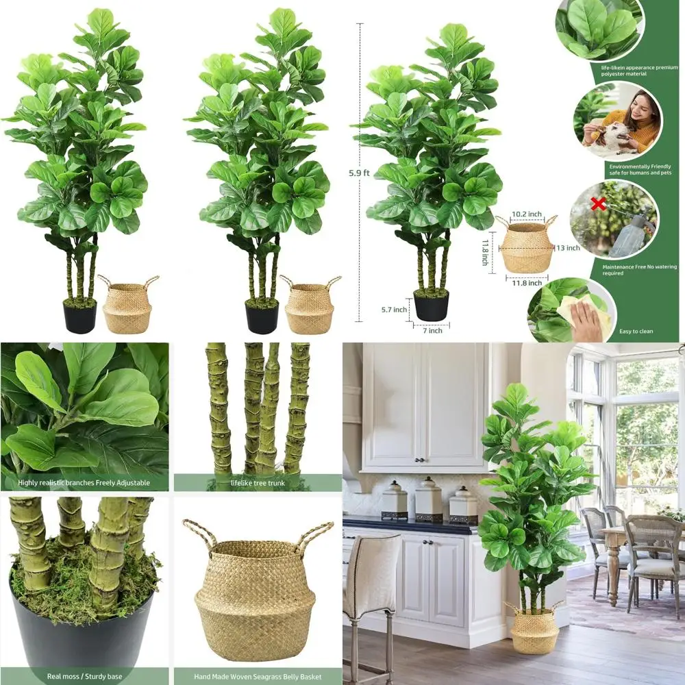 Árboles de higo artificiales de hoja de violín, 6 pies de alto, con cestas de algas marinas tejidas, plantas de suelo falsas para decoración del hogar