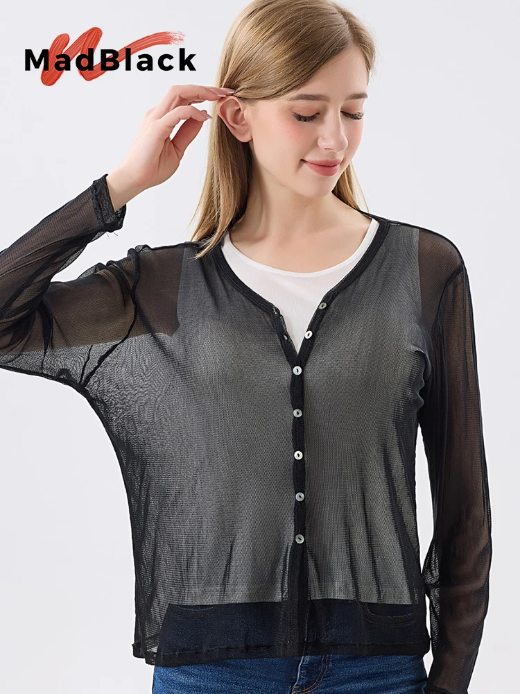 

MadBlack-100%Real Silk Elegant Knit Shirt, Long Sleeve Solid, Women Breathable Sheer Sunscreen Cardigan, 2026 Summer T65717CC