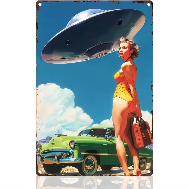 2D Printed Vintage Metal Tin Sign - Retro UFO, Pin - up Girl & Green Classic Car, Colorful Sci - Fi Pop Art Iron Decor for Bars,