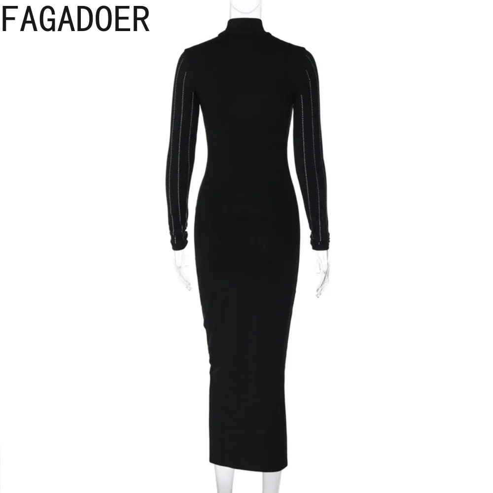 Fagadoer elegante strass vestidos femininos gola alta manga longa bodycon vestido senhora festa rua outono novas roupas