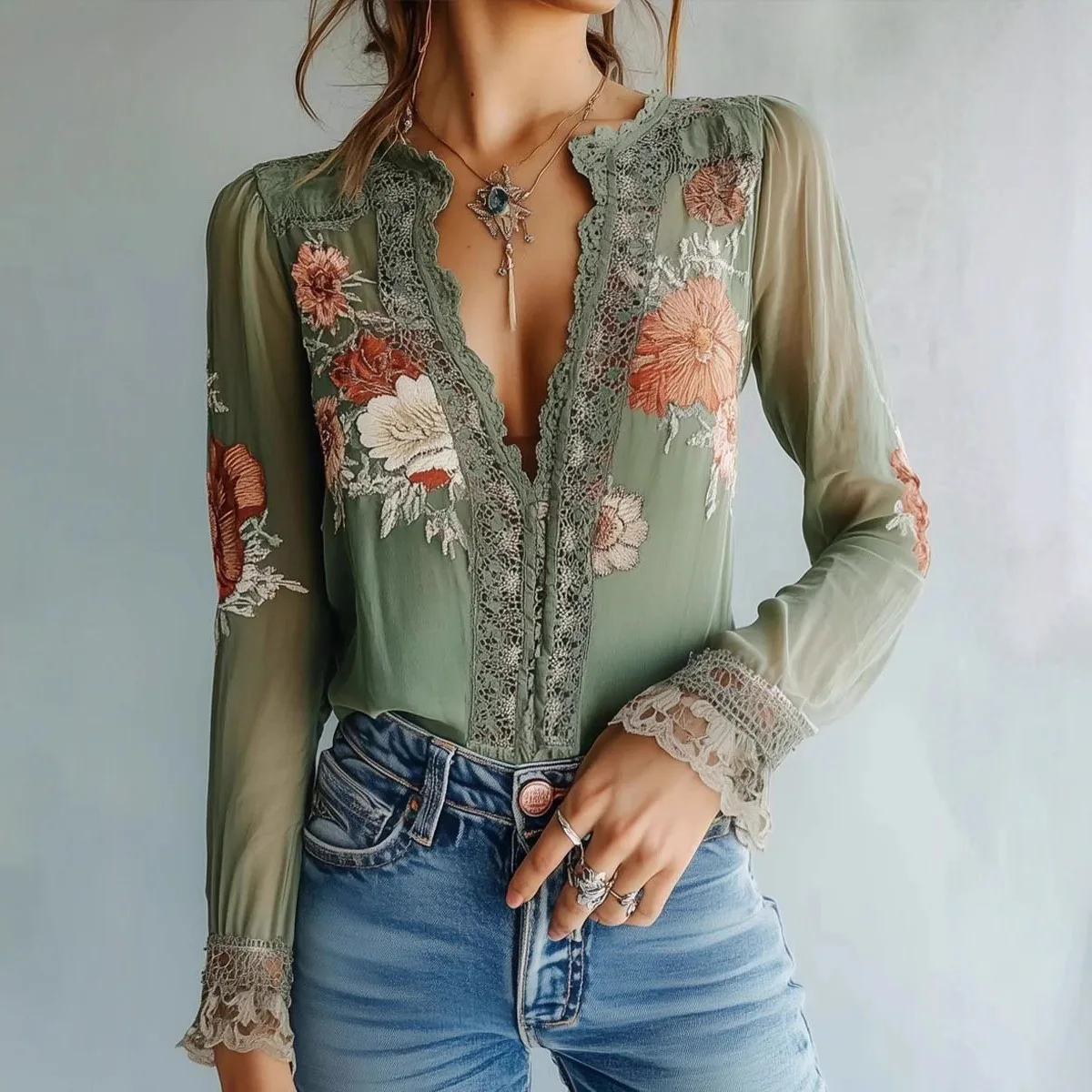 

Women's Lace Printed Shirt New High Quality Embroidered Deep V Neck Blouse Spring Summer Beach Bohemian Casual Pullover Top