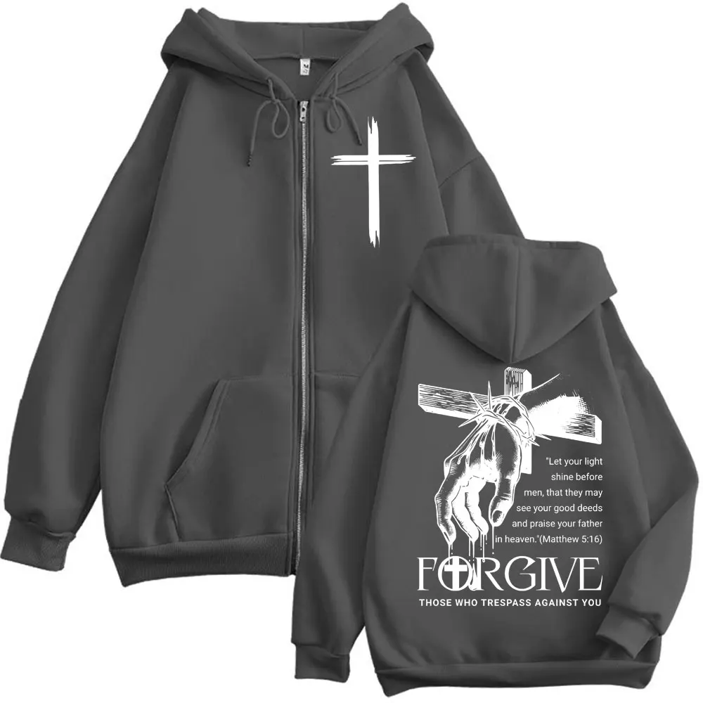 Christian Jesus Forgive Those Who Trespass Against You Zipper Hoodies Men's Women's Gothic Fashion Vintage Zip Up Sweatshirts