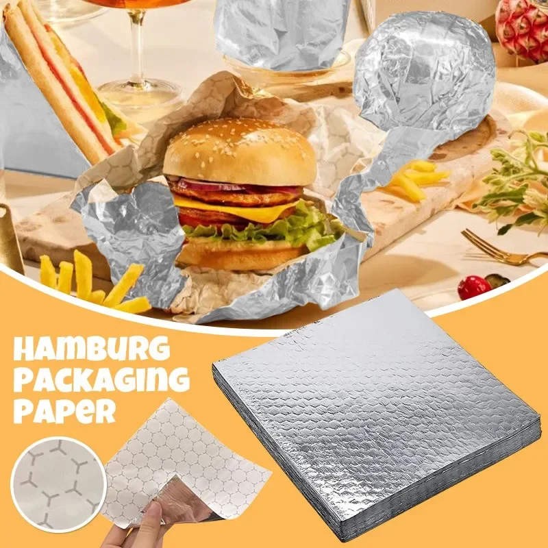 100Pcs Deli Thermal Aluminum Packing Paper Taco Hamburgers Wrapping Paper Burger Wraps for Restaurant Catering New 30x30cm