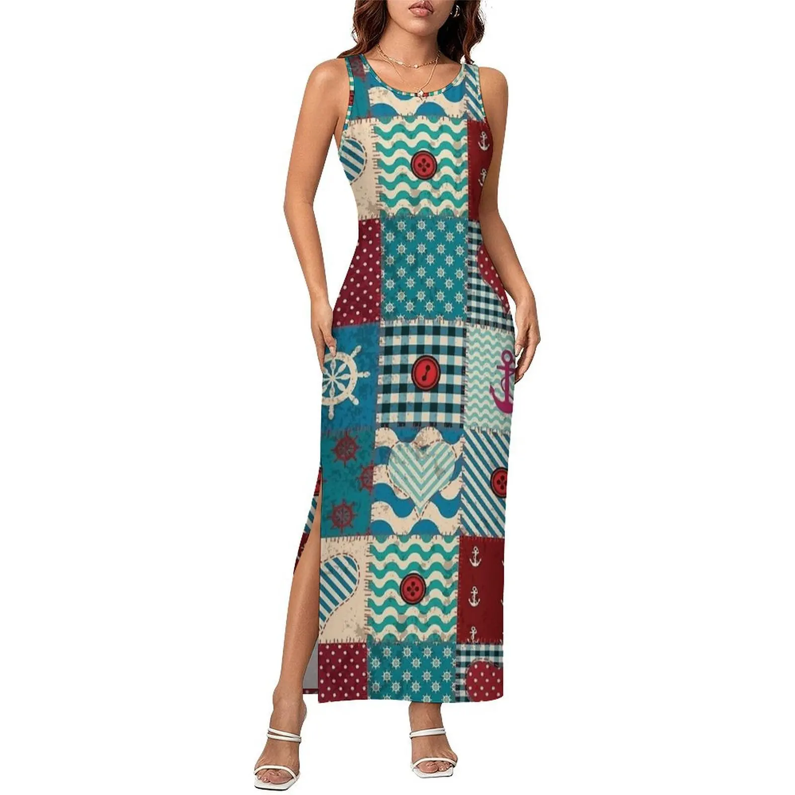 Woman Bodycon Dress Vintage Nautical Vintage Patchwork Print Maxi Dresses Summer Sleeveless Street Fashion Custom Dress Big Size