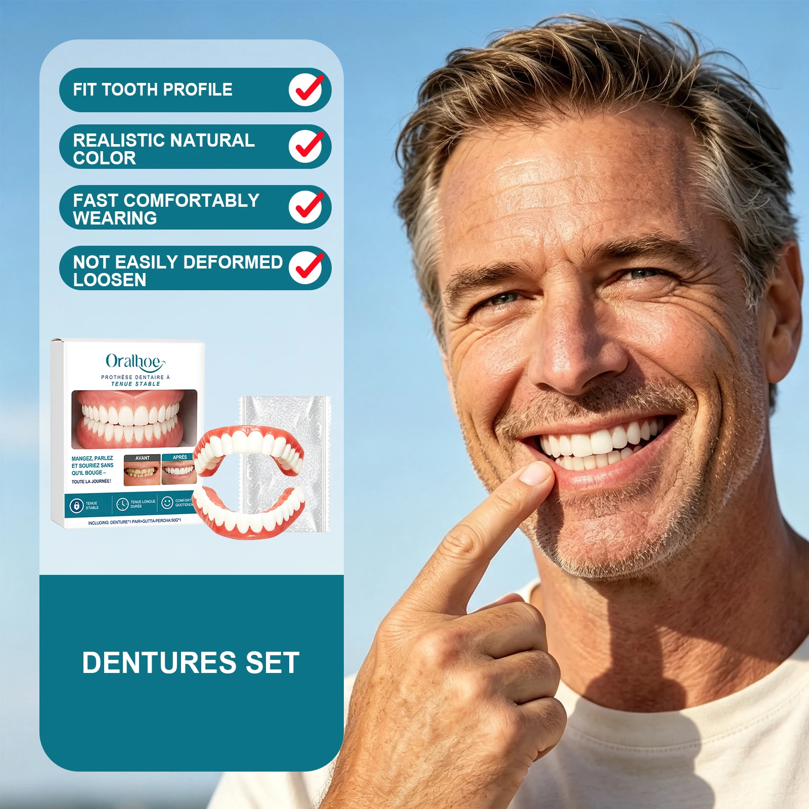 Realistic Veneer Denture Kit Pair Fix Gutta Percha Stable Hold Comfortable Wear Natural White Smile Upper Lower False Teeth Set