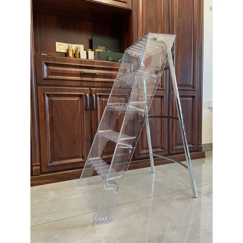 5 Steps Herringbone Transparent Acrylic Folding Ladder Step Stool with Anti-Slip Sturdy Wide Pedal Lightweight Household Kitchen