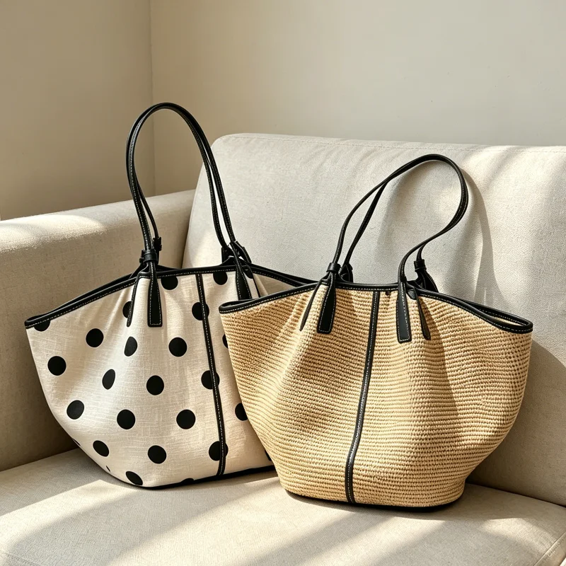 Woven Straw Bag - กระเป๋าสะพายไหล่ทอมือสไตล์ฝรั่งเศส ดีไซน์หรูหรา โทนสีสวยงาม ใช้งานได้หลากหลาย กระเป๋าทรงถัง คุณภาพสูง