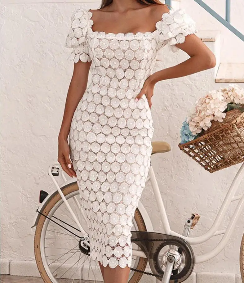 

Spring/Summer New Fashion Lace Short Sleeve Wrapped Chest Solid Color Dress For Women,3 Colors