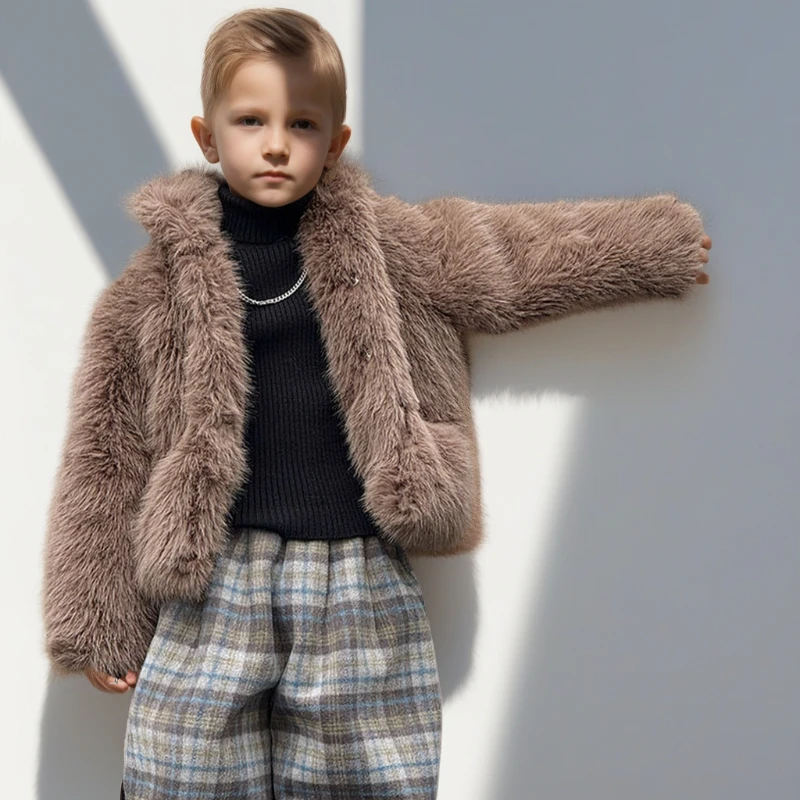 

Winter Boys Brown Plush Jacket Warm Fleece Lined Windproof Coat for Kids Fashion Show Performance Outerwear Teen Dance Tops 10 Y