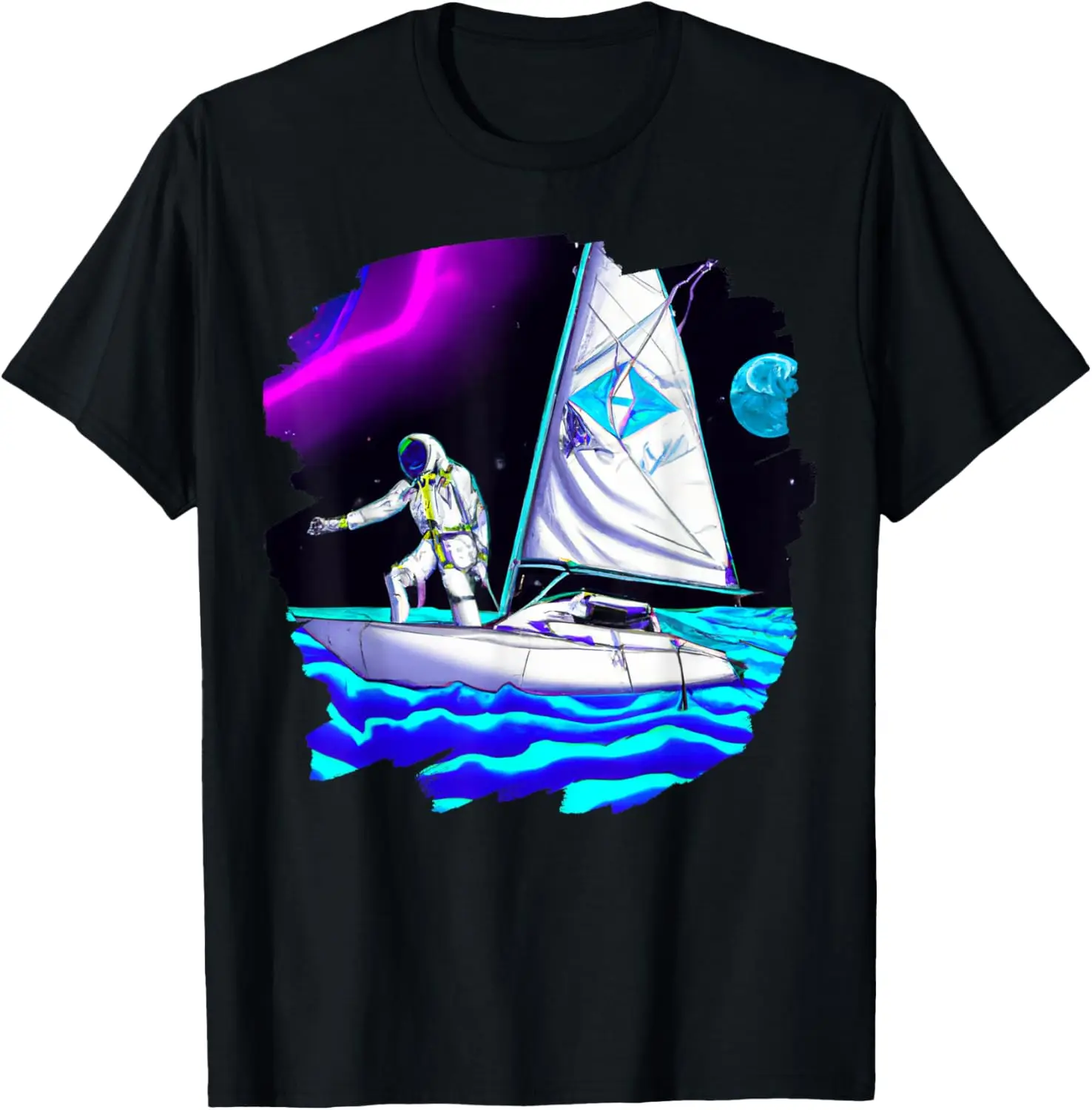 Astronaut Sailing on Boat in Space Ocean Lake Cool Artistic T-Shirt