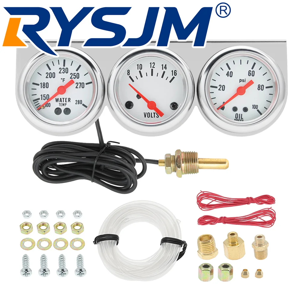 12V 52MM Triple Gauge Kit 3 IN 1 Voltage+Water Temperature Gauge+Oil Pressure Meter with Sensor Pointer for Universal Petrol Car