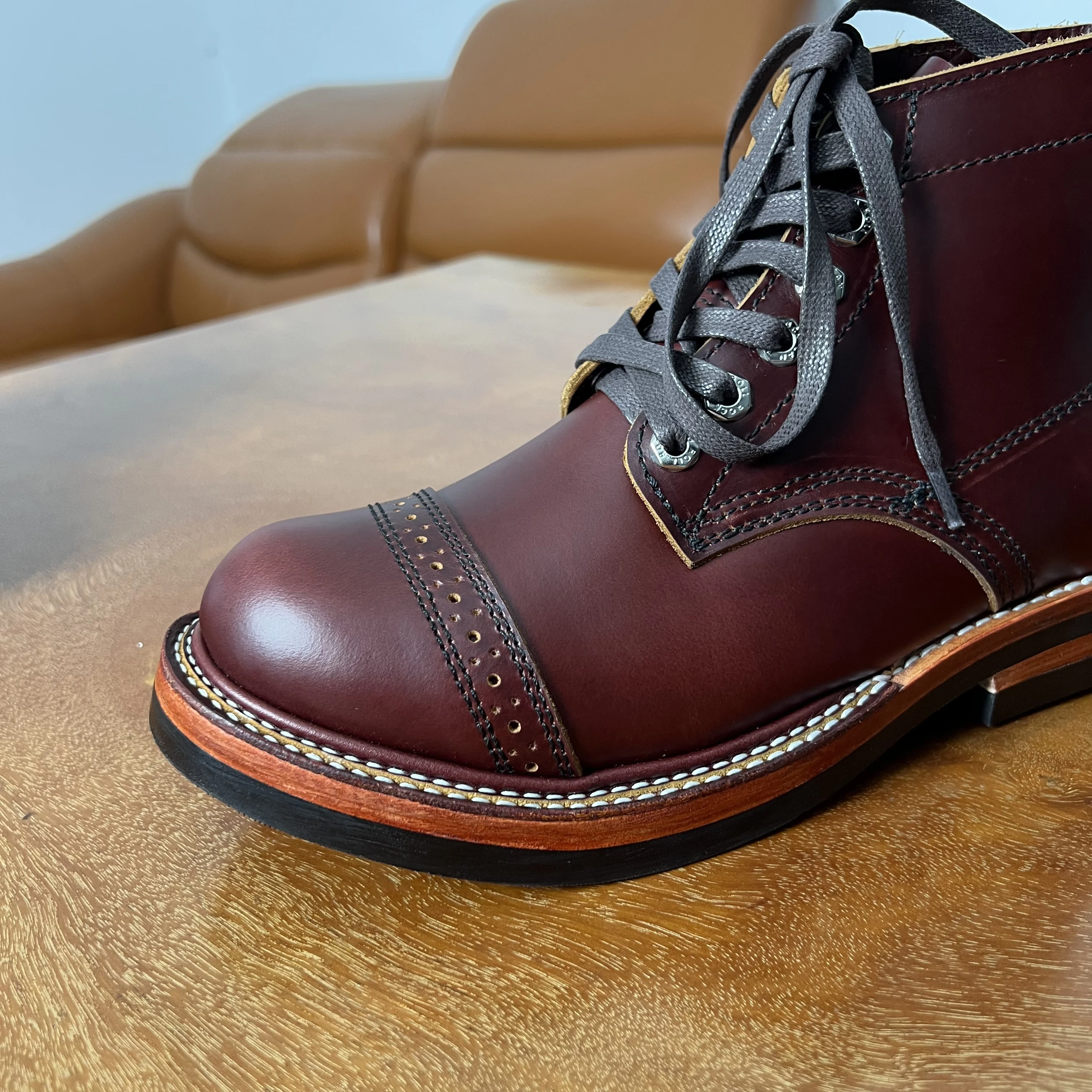 LA401 Vintage Men Handcrafted Goodyear Welt Boots Full Grain Leather Captoe Brogue Ankle Boot Casual Outdoor Motorcycle Footwear