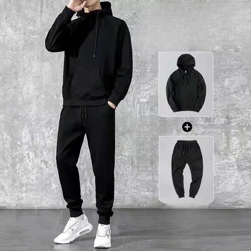 Mens Pure Color Korean Fashion Hoodie Thick Warm Fleece Lined Jogging Pants Athletic Leisure Two Piece Suit
