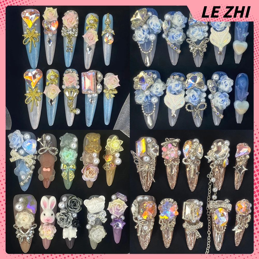 

Beautiful Dreamy 3D Flower Long Coffin Stilettos Handmade Press On Nail Flash Luxury Diamond Pearl Butterfly Nail Party Sticker